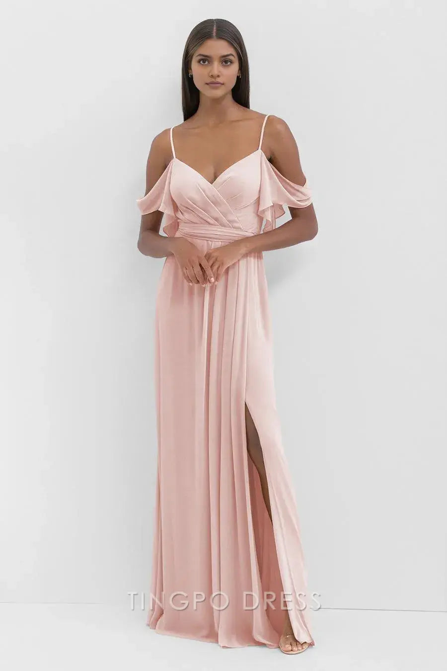 TingPo Wholesale Simple Spaghetti Strap Off-Shoulder Ruffle Midi Dress - Blush Pink Wrap Waist Party Gown